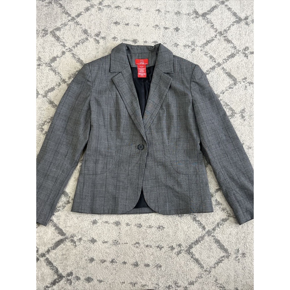 Oscar De La Renta Single Button‎ Grey Plaid Houndstooth Blazer size 8 Gray Black